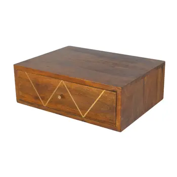 18" Brown Solid Wood Geometric Brass Inlay One Drawer Floating Nightstand