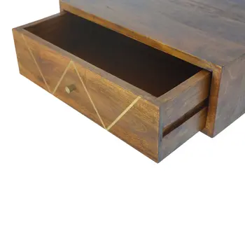 18" Brown Solid Wood Geometric Brass Inlay One Drawer Floating Nightstand