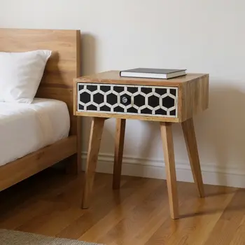 22" Black White And Brown Solid Wood Geometric Bone Inlay One Drawer Nightstand