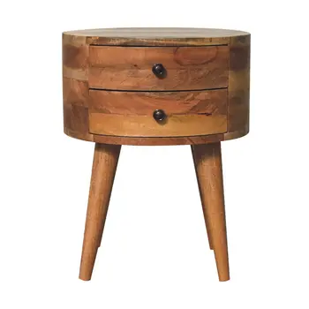 20" Brown Solid Wood Round Two Drawer Nightstand