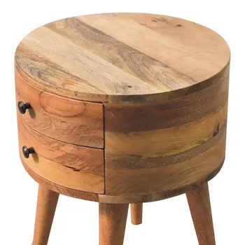 20" Brown Solid Wood Round Two Drawer Nightstand