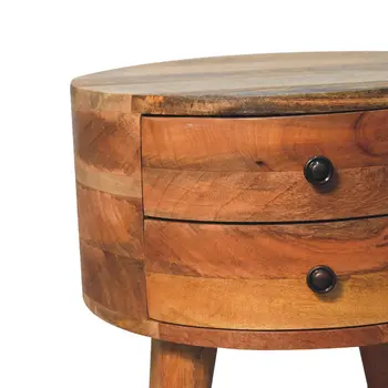 20" Brown Solid Wood Round Two Drawer Nightstand