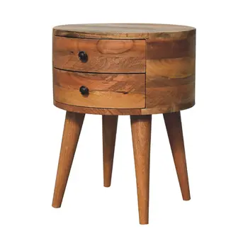 20" Brown Solid Wood Round Two Drawer Nightstand