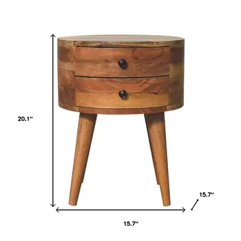 20" Brown Solid Wood Round Two Drawer Nightstand
