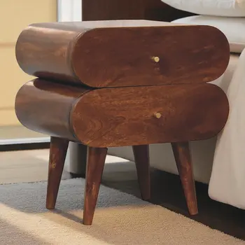 20" Brown Solid Wood Round Two Drawer Nightstand