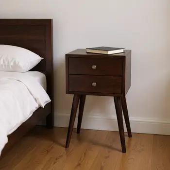 22" Walnut Solid Wood Square Two Drawer Nightstand