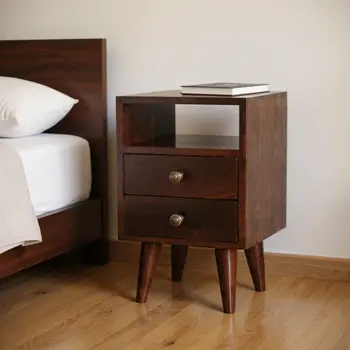 20" Walnut Solid Wood Square Two Drawer Nightstand