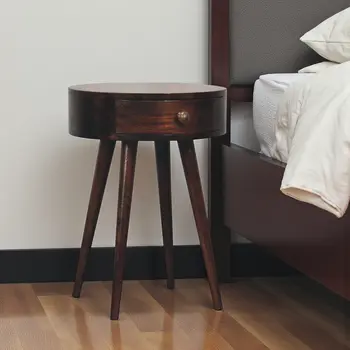 22" Walnut Solid Wood Round One Drawer Nightstand