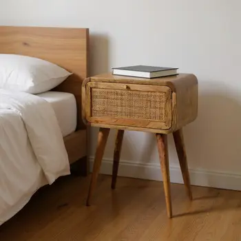 21" Natural Solid Wood Cane Rattan One Drawer Nightstand