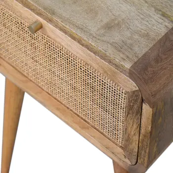 21" Natural Solid Wood Cane Rattan One Drawer Nightstand