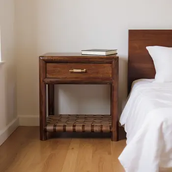 20" Chestnut Solid Wood One Drawer Nightstand With Leather Shelf
