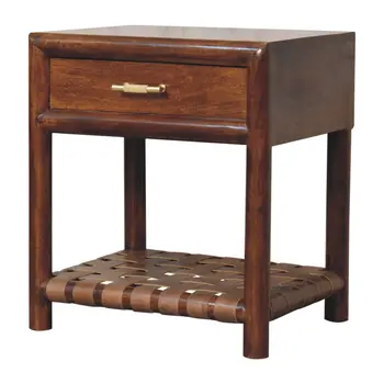 20" Chestnut Solid Wood One Drawer Nightstand With Leather Shelf