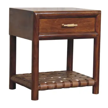 20" Chestnut Solid Wood One Drawer Nightstand With Leather Shelf