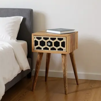 20" Black White And Brown Solid Wood Geometric Bone Inlay One Drawer Nightstand