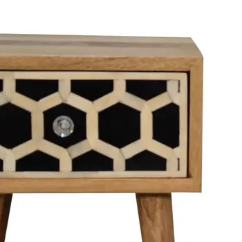 20" Black White And Brown Solid Wood Geometric Bone Inlay One Drawer Nightstand