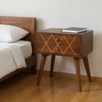 22" Chestnut Solid Wood Geometric Brass Inlay Two Drawer Nightstand