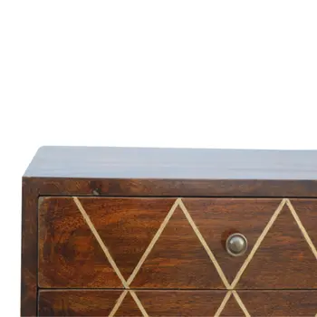 22" Chestnut Solid Wood Geometric Brass Inlay Two Drawer Nightstand
