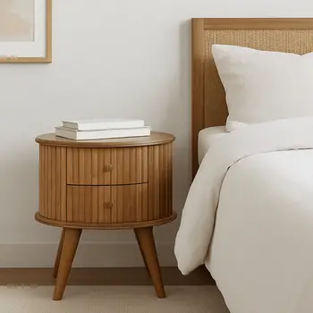 20" Brown Solid Wood Round Two Drawer Nightstand