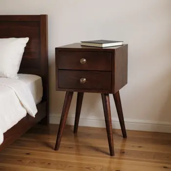 22" Walnut Solid Wood Square Two Drawer Nightstand