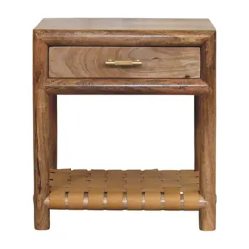 20" Light Brown Solid Wood One Drawer Nightstand With Leather Shelf