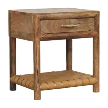 20" Light Brown Solid Wood One Drawer Nightstand With Leather Shelf