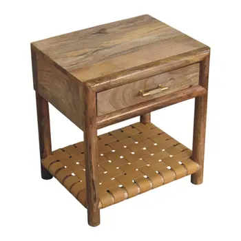 20" Light Brown Solid Wood One Drawer Nightstand With Leather Shelf