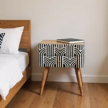 23" Black Ivory And Light Brown Solid Wood Geometric Bone Inlay Two Drawer Nightstand