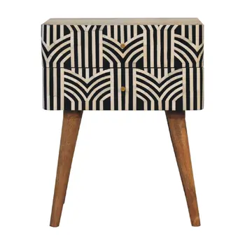 23" Black Ivory And Light Brown Solid Wood Geometric Bone Inlay Two Drawer Nightstand
