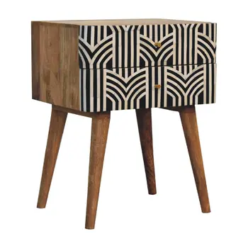 23" Black Ivory And Light Brown Solid Wood Geometric Bone Inlay Two Drawer Nightstand