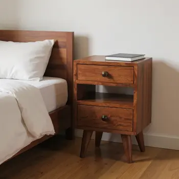 20" Brown Solid Wood Two Drawer Nightstand