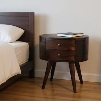 21" Walnut Solid Wood Oval Two Drawer Nightstand