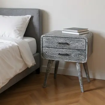 22" Gray Solid Wood Distressed Two Drawer Nightstand