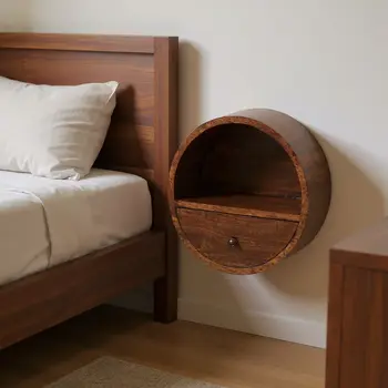 16" Chestnut Solid Wood Round One Drawer Floating Nightstand