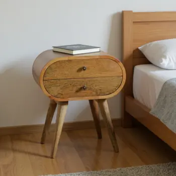 21" Light Brown Solid Wood Oval Two Drawer Nightstand