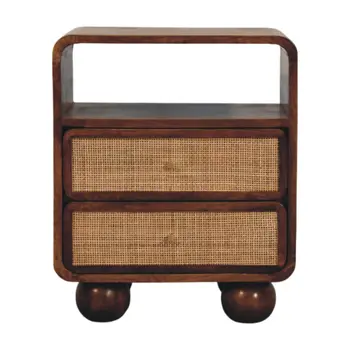 22" Chestnut And Natural Solid Wood Cane Rattan Two Drawer Nightstand