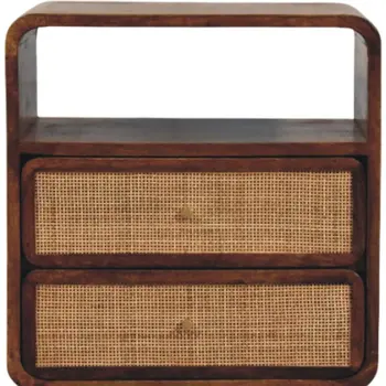 22" Chestnut And Natural Solid Wood Cane Rattan Two Drawer Nightstand