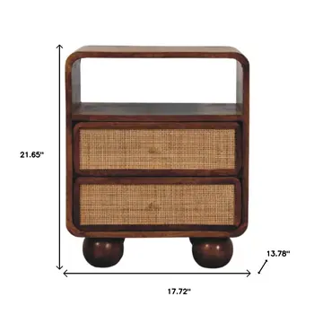 22" Chestnut And Natural Solid Wood Cane Rattan Two Drawer Nightstand