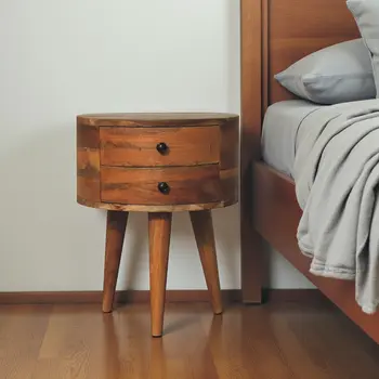 20" Brown And Oak Solid Wood Oval Two Drawer Nightstand