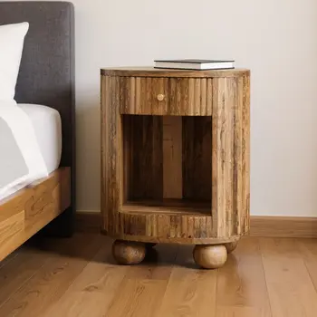 23" Natural Solid Wood Oval Ribbed Texture One Drawer Nightstand
