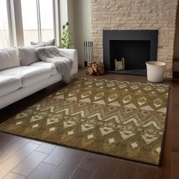 10' X 14' Brown Sage And Beige Southwestern Washable Area Rug With UV Protection