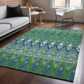 3' X 5' Green Blue And Ivory Southwestern Washable Area Rug With UV Protection