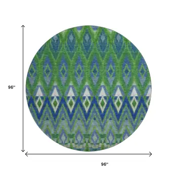 8' Green Blue And Ivory Southwestern Washable Round Rug With UV Protection