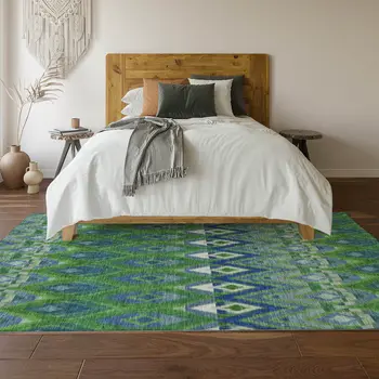 8' X 10' Green Blue And Ivory Southwestern Washable Area Rug With UV Protection
