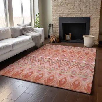 3' X 5' Pink Orange And Mint Green Southwestern Washable Area Rug With UV Protection