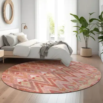 8' Pink Orange And Mint Green Southwestern Washable Round Rug With UV Protection