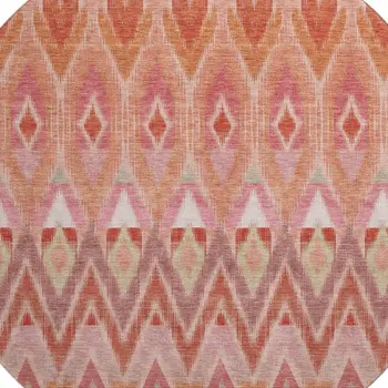 8' Pink Orange And Mint Green Southwestern Washable Round Rug With UV Protection