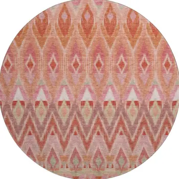 8' Pink Orange And Mint Green Southwestern Washable Round Rug With UV Protection