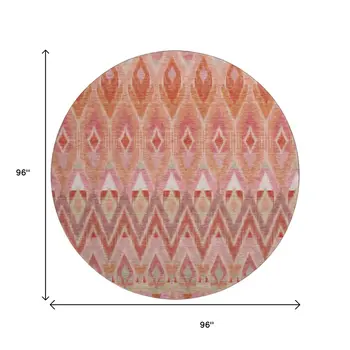 8' Pink Orange And Mint Green Southwestern Washable Round Rug With UV Protection