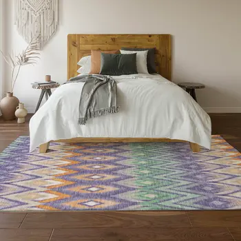 5' X 8' Purple Mint Green And Beige Southwestern Washable Area Rug With UV Protection