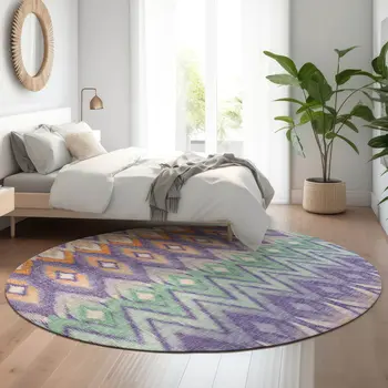 8' Purple Mint Green And Beige Southwestern Washable Round Rug With UV Protection